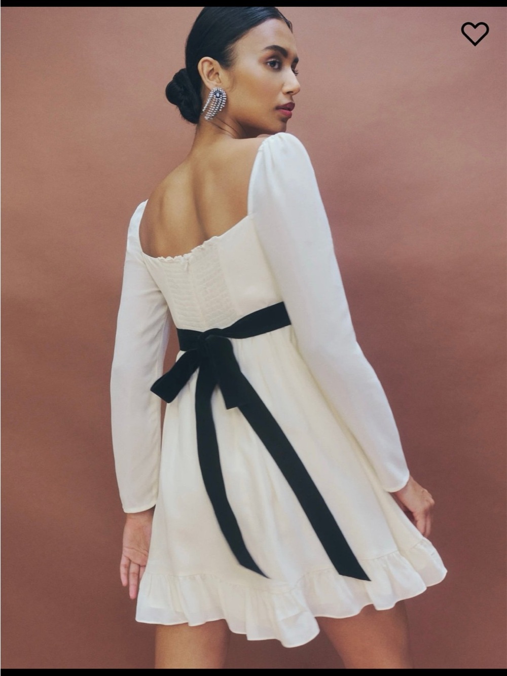 Reformation Cream Long-Sleeve Ruffle Hem Dress with Black Waistband